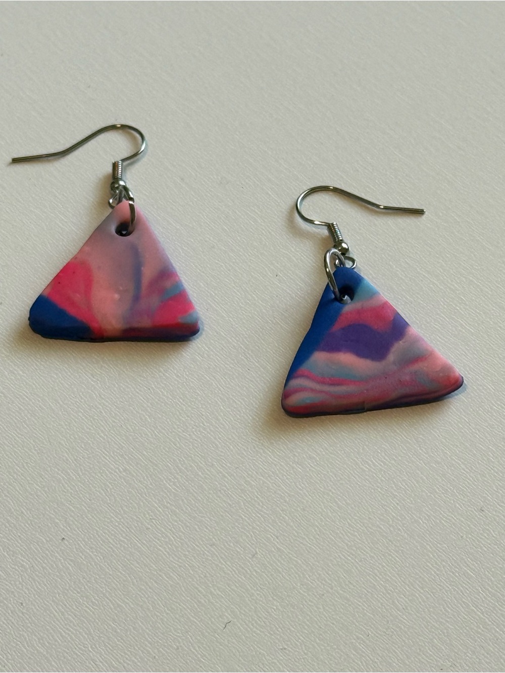 Handcrafted Pink & Blue Marbled Triangle Drop Earrings